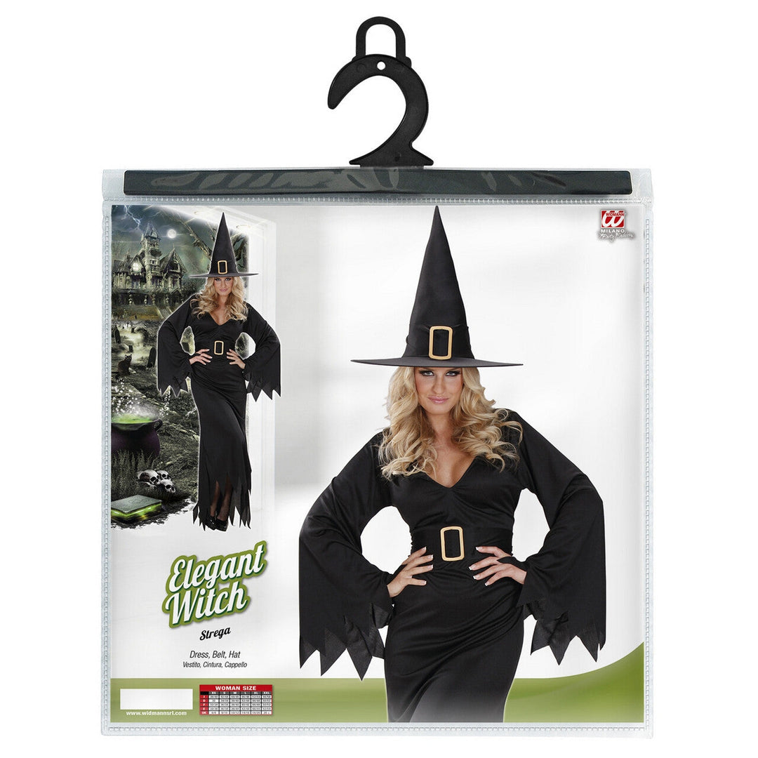 Damen Hexenkostüm Schwarz | Halloween Kostüm mit Hexenkleid, Gürtel und spitzem Hexenhut für Karneval und Mottoparty