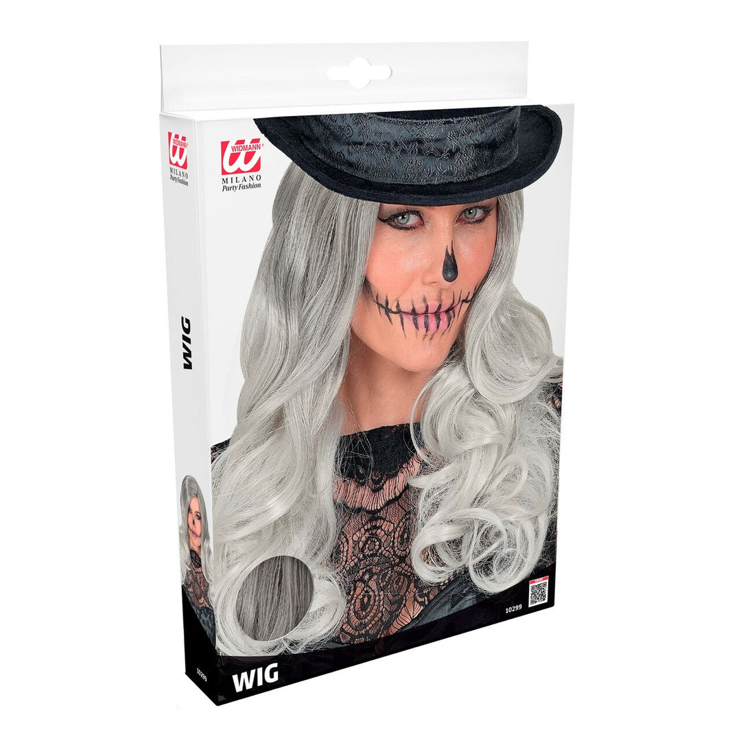 Damen Halloween Perücke Grau | Lange gewellte Geister Perücke mit Mittelscheitel für Horror Kostüm, Karneval und Mottoparty