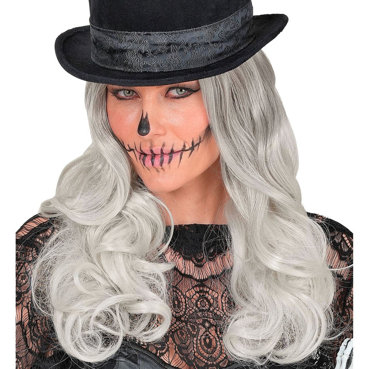 Damen Halloween Perücke Grau | Lange gewellte Geister Perücke mit Mittelscheitel für Horror Kostüm, Karneval und Mottoparty