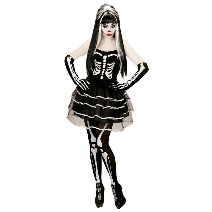 Damen Skelett Kostüm Schwarz Weiß | 2-teiliges Gothic Halloween Kostüm mit Kleid und Handschuhen für Horror- und Mottoparty