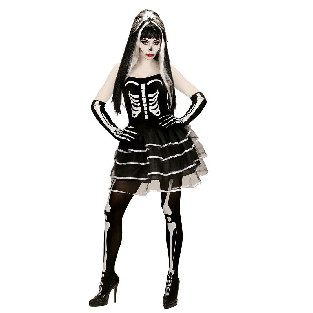 Damen Skelett Kostüm Schwarz Weiß | 2-teiliges Gothic Halloween Kostüm mit Kleid und Handschuhen für Horror- und Mottoparty