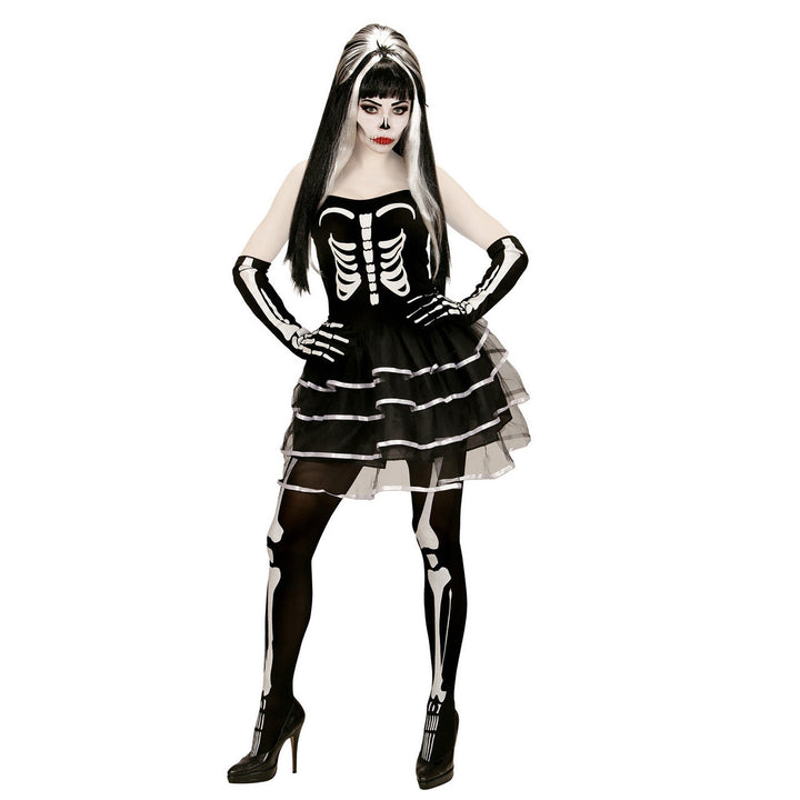 Damen Skelett Kostüm Schwarz Weiß | 2-teiliges Gothic Halloween Kostüm mit Kleid und Handschuhen für Horror- und Mottoparty