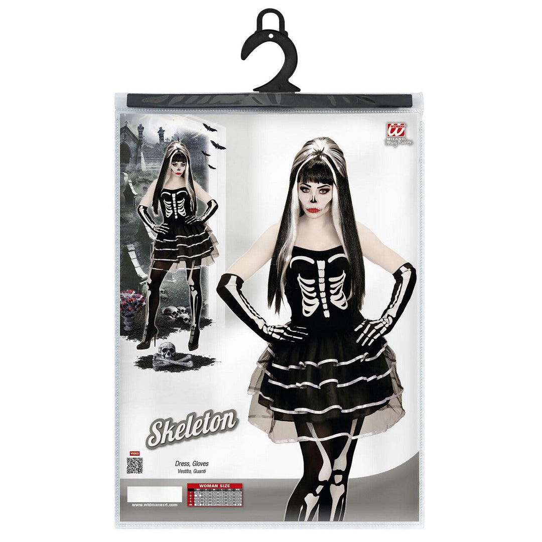 Damen Skelett Kostüm Schwarz Weiß | 2-teiliges Gothic Halloween Kostüm mit Kleid und Handschuhen für Horror- und Mottoparty