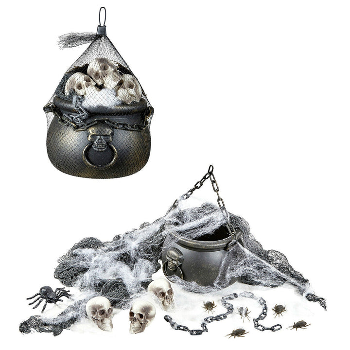 Halloween Deko Set | Gruseliges Dekorationsset mit Hexenkessel, Totenköpfen, Spinnennetz und Skelettteilen