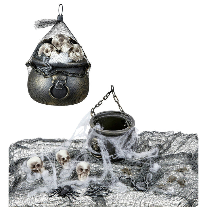 Halloween Deko Set | Gruseliges Dekorationsset mit Hexenkessel, Totenköpfen, Spinnennetz und Skelettteilen