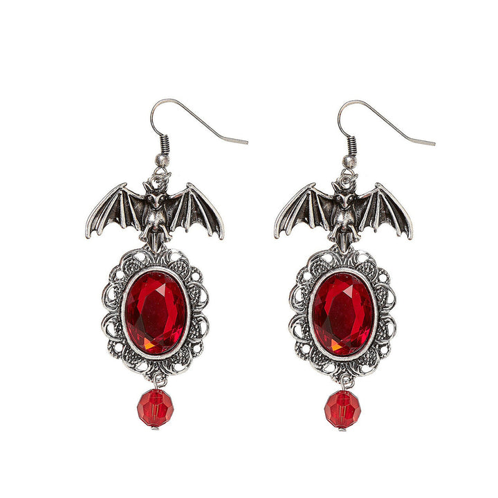 Fledermaus Ohrringe Halloween | Silberfarbene Ohrhänger mit blutrotem Schmuckstein für Vampir-, Hexen- und Gothic-Kostüme