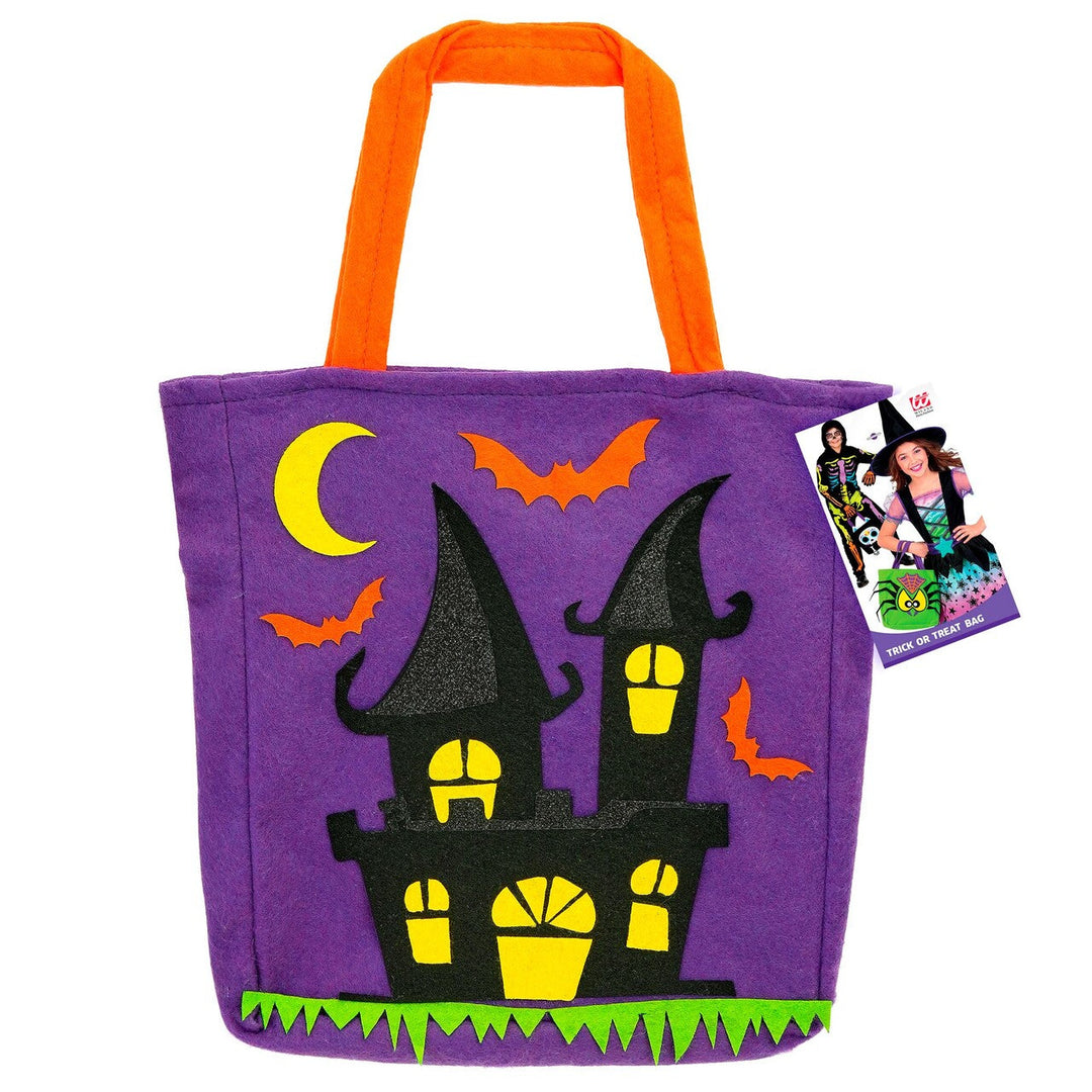 Halloween Süßigkeiten Tasche | Lila Trick-or-Treat Tasche mit Spukhaus-Motiv und orangefarbenen Henkeln für Kinder