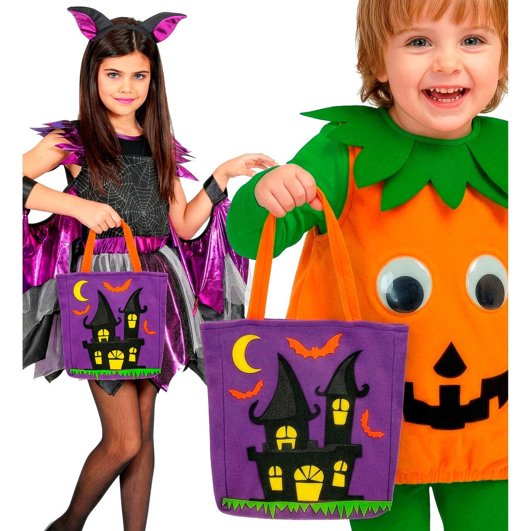Halloween Süßigkeiten Tasche | Lila Trick-or-Treat Tasche mit Spukhaus-Motiv und orangefarbenen Henkeln für Kinder
