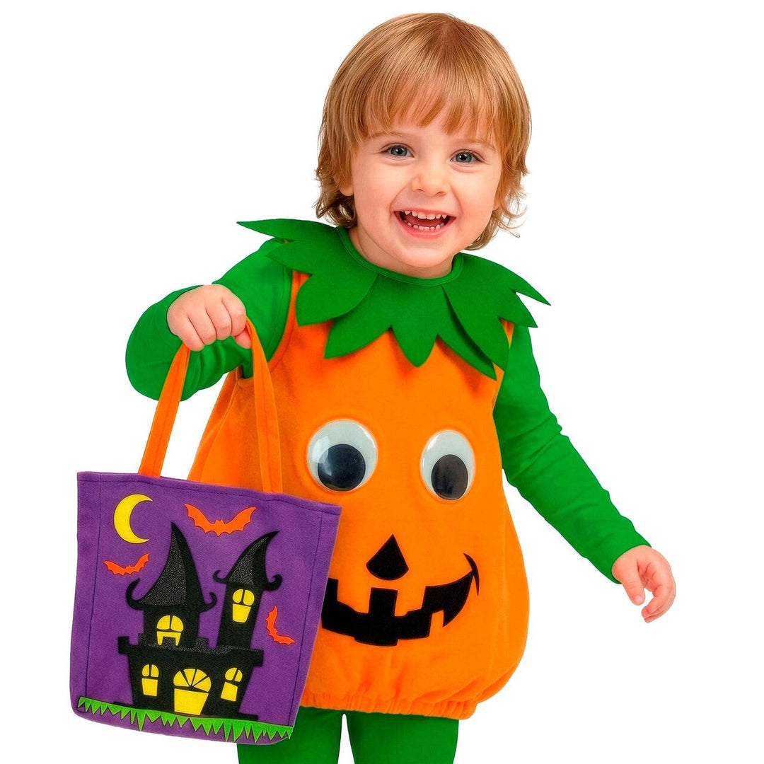 Halloween Süßigkeiten Tasche | Lila Trick-or-Treat Tasche mit Spukhaus-Motiv und orangefarbenen Henkeln für Kinder