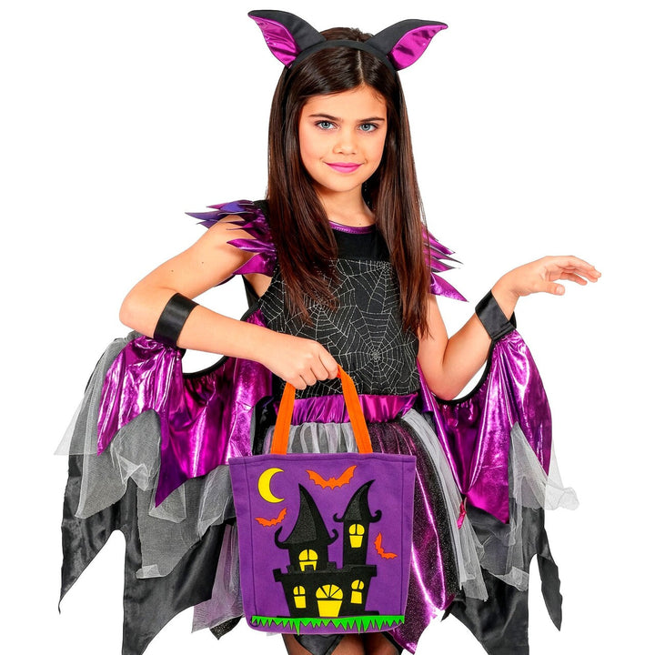 Halloween Süßigkeiten Tasche | Lila Trick-or-Treat Tasche mit Spukhaus-Motiv und orangefarbenen Henkeln für Kinder