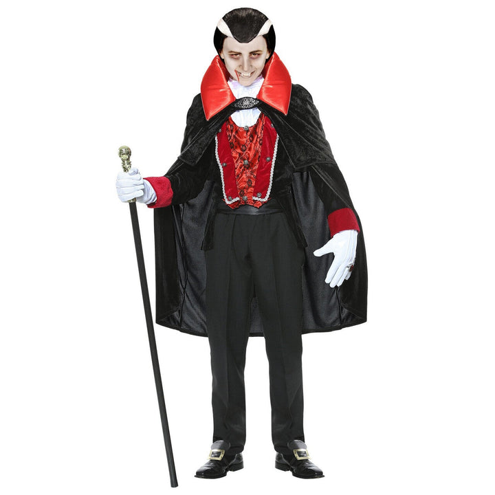 Jungen Vampir Kostüm Schwarz Rot | Viktorianisches Halloween Kostüm mit Jacke, Westeneinsatz, Jabot und Cape mit Stehkragen