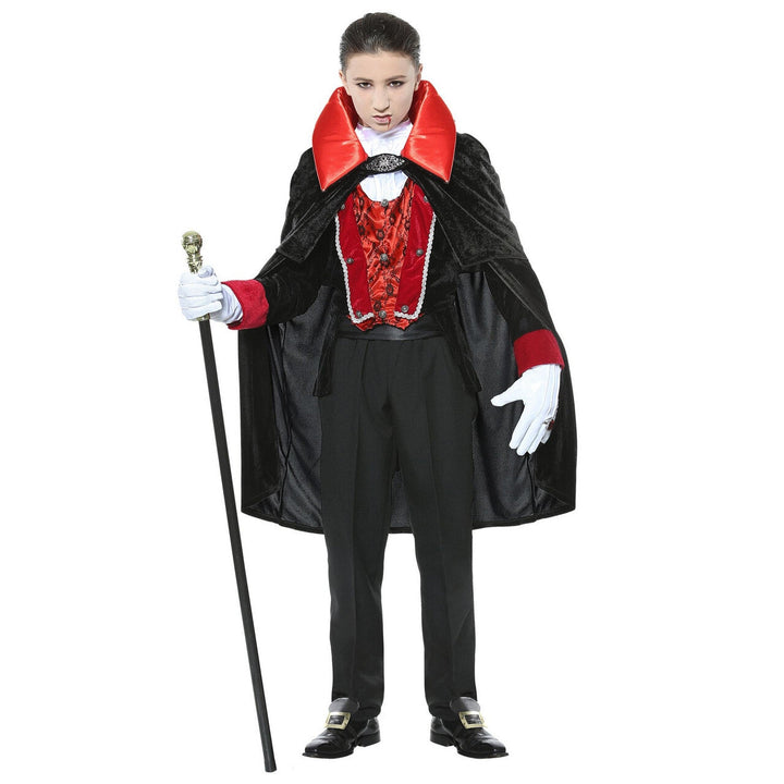 Jungen Vampir Kostüm Schwarz Rot | Viktorianisches Halloween Kostüm mit Jacke, Westeneinsatz, Jabot und Cape mit Stehkragen