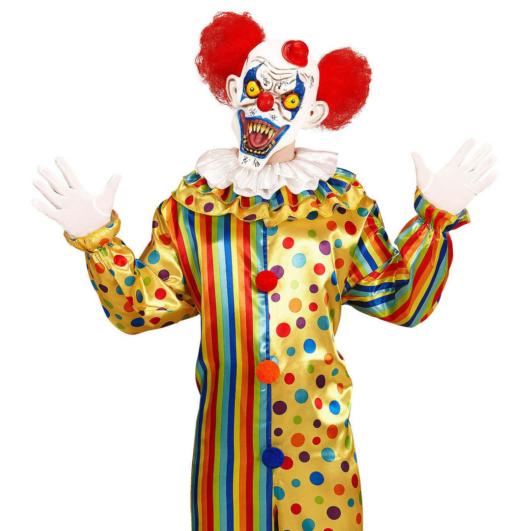 Killerclown Maske Rot Weiß | Horror Clown Maske mit roten Haaren, Minihut und gruseligen Zähnen für Halloween und Mottoparty