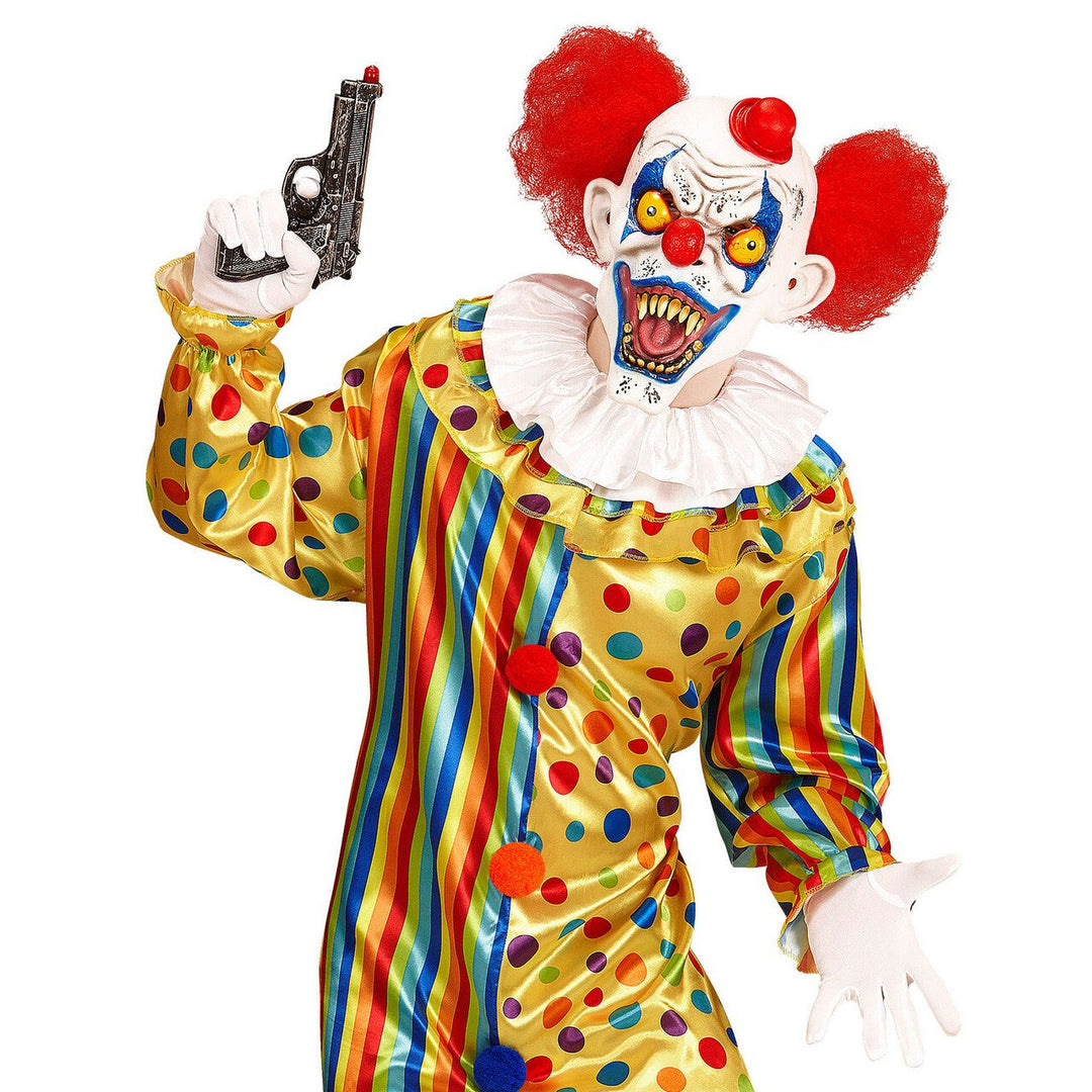 Killerclown Maske Rot Weiß | Horror Clown Maske mit roten Haaren, Minihut und gruseligen Zähnen für Halloween und Mottoparty