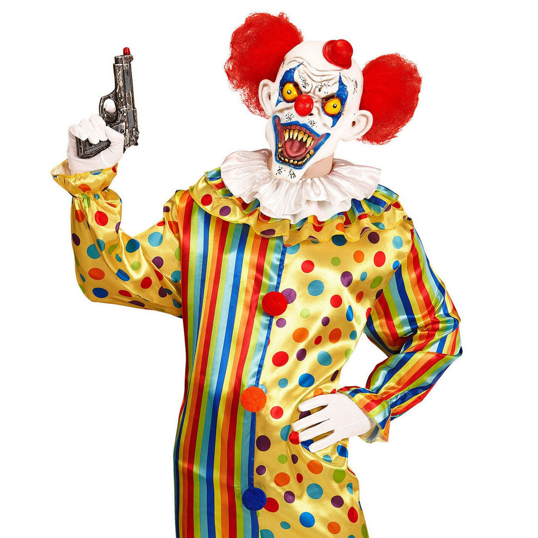 Killerclown Maske Rot Weiß | Horror Clown Maske mit roten Haaren, Minihut und gruseligen Zähnen für Halloween und Mottoparty