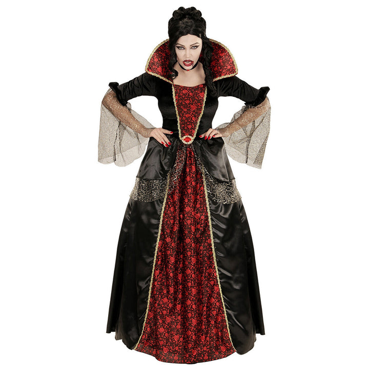 Damen Vampir Kostüm Rot Schwarz | Vampirfürstin Kleid mit Unterkleid und Krone für Halloween, Maskenball und Mottoparty