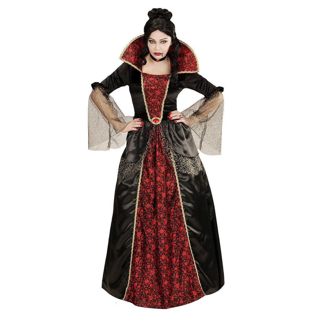 Damen Vampir Kostüm Rot Schwarz | Vampirfürstin Kleid mit Unterkleid und Krone für Halloween, Maskenball und Mottoparty