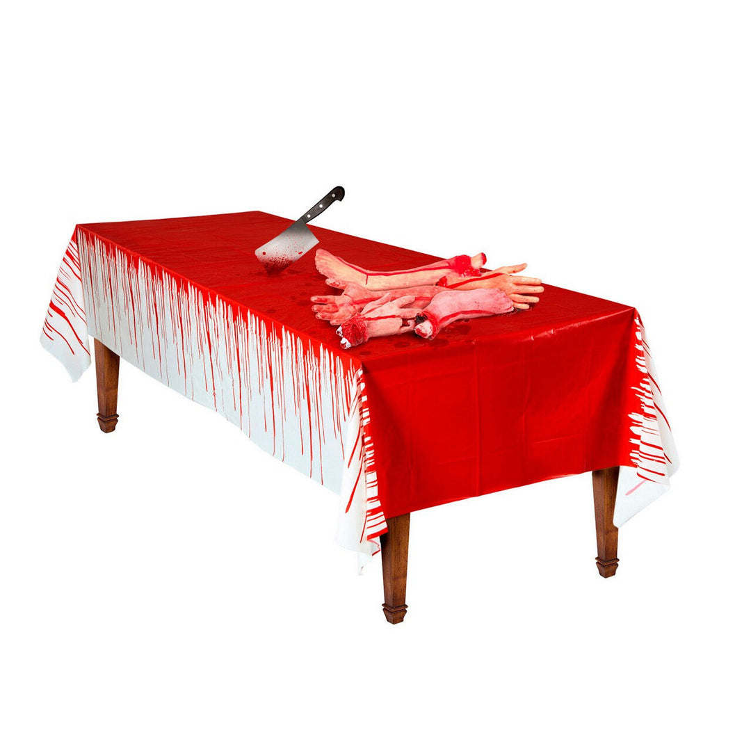 Halloween Tischdecke Blut 275 × 137 cm | Weiße Horror-Tischdecke mit Blutflecken und Schlieren für Halloween-Partys