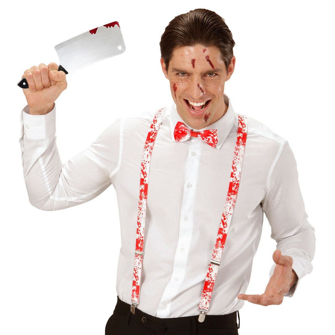 Halloween Hackmesser 30 cm | Blutiges Horror-Messer mit schwarzem Griff als Kostüm-Accessoire für Metzger und Chirurgen