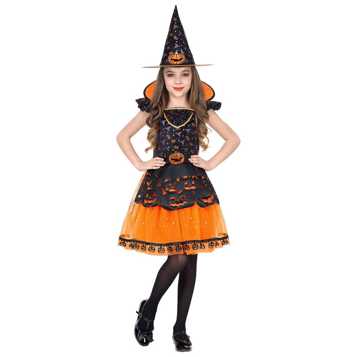 Mädchen Hexenkostüm Orange Schwarz | Halloween Kürbishexe Kleid mit Kürbismotiven, Gürtel und spitzem Hexenhut