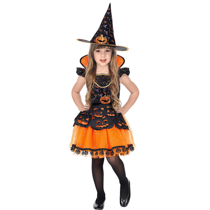 Mädchen Hexenkostüm Orange Schwarz | Halloween Kürbishexe Kleid mit Kürbismotiven, Gürtel und spitzem Hexenhut