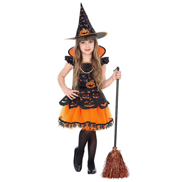 Mädchen Hexenkostüm Orange Schwarz | Halloween Kürbishexe Kleid mit Kürbismotiven, Gürtel und spitzem Hexenhut