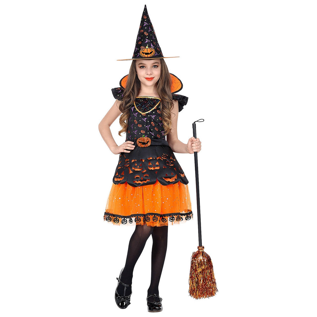 Mädchen Hexenkostüm Orange Schwarz | Halloween Kürbishexe Kleid mit Kürbismotiven, Gürtel und spitzem Hexenhut