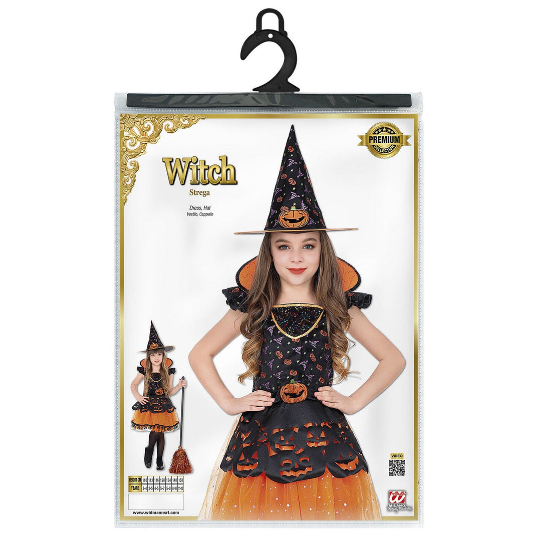 Mädchen Hexenkostüm Orange Schwarz | Halloween Kürbishexe Kleid mit Kürbismotiven, Gürtel und spitzem Hexenhut