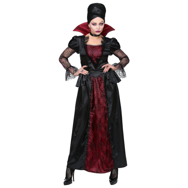 Damen Vampir Kostüm Schwarz Bordeaux | Bodenlanges Gothic Halloween Kleid mit Stehkragen, Spitze und Spinnennetz-Details