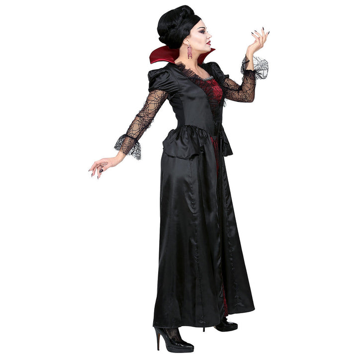 Damen Vampir Kostüm Schwarz Bordeaux | Bodenlanges Gothic Halloween Kleid mit Stehkragen, Spitze und Spinnennetz-Details