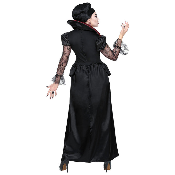 Damen Vampir Kostüm Schwarz Bordeaux | Bodenlanges Gothic Halloween Kleid mit Stehkragen, Spitze und Spinnennetz-Details