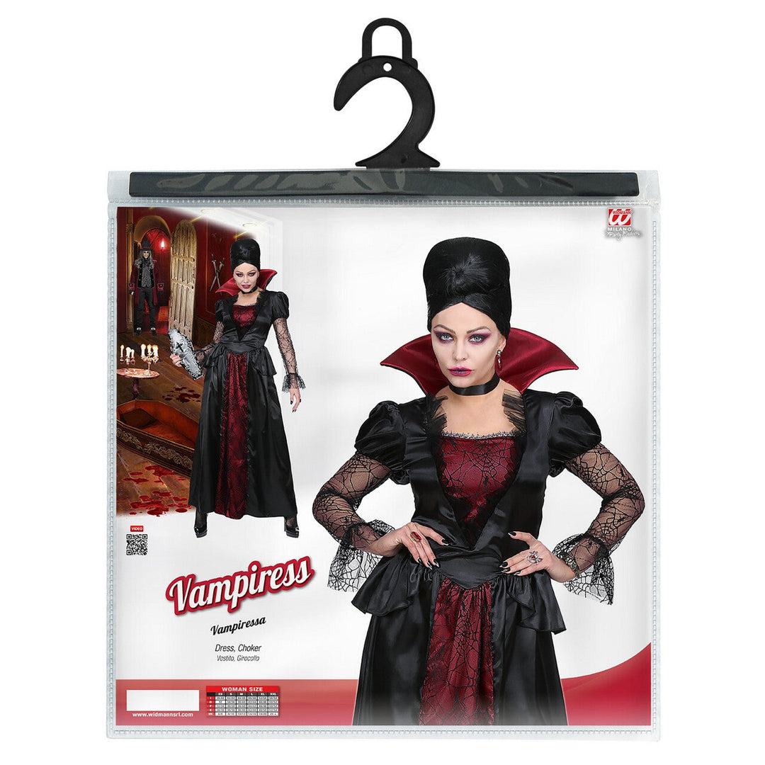 Damen Vampir Kostüm Schwarz Bordeaux | Bodenlanges Gothic Halloween Kleid mit Stehkragen, Spitze und Spinnennetz-Details
