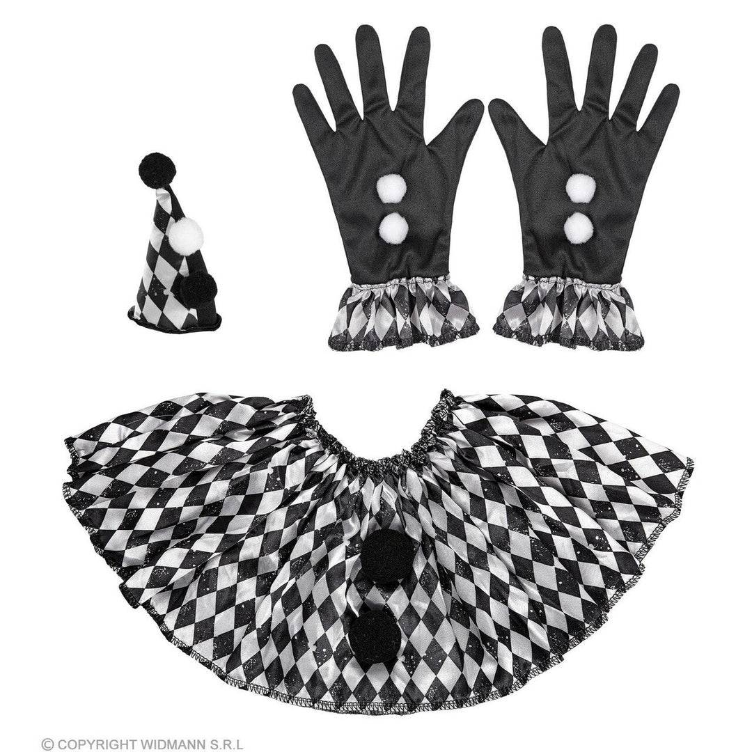 Harlekin Clown Set schwarz weiß | 3-teiliges Halloween Zubehör mit Hut, Rüschenkragen und Handschuhen für Horror-Clown Kostüme