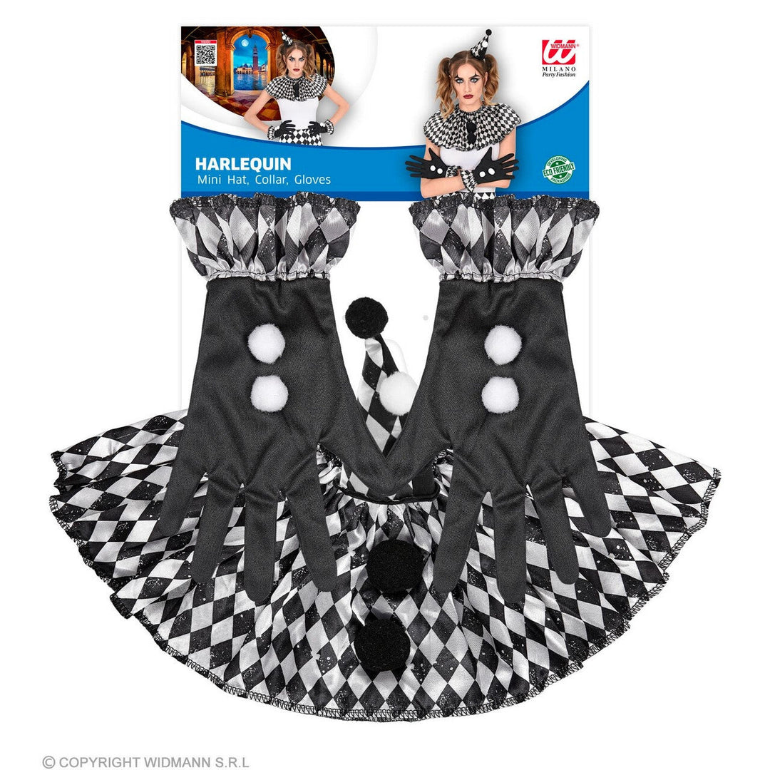 Harlekin Clown Set schwarz weiß | 3-teiliges Halloween Zubehör mit Hut, Rüschenkragen und Handschuhen für Horror-Clown Kostüme
