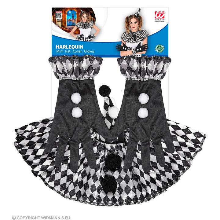 Harlekin Clown Set schwarz weiß | 3-teiliges Halloween Zubehör mit Hut, Rüschenkragen und Handschuhen für Horror-Clown Kostüme