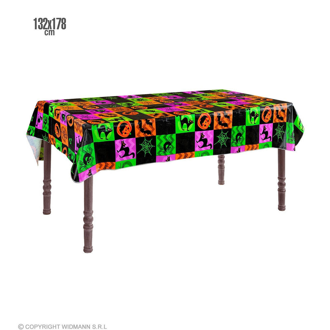 Halloween Tischdecke 132 × 178 cm | Bunte Tischdekoration mit Kürbissen, Fledermäusen und Halloween-Motiven für Partys