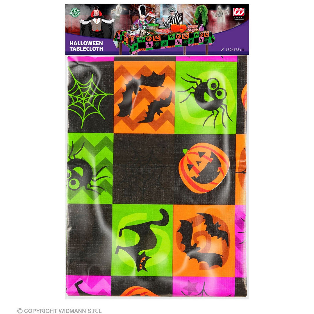 Halloween Tischdecke 132 × 178 cm | Bunte Tischdekoration mit Kürbissen, Fledermäusen und Halloween-Motiven für Partys