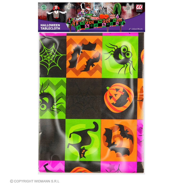 Halloween Tischdecke 132 × 178 cm | Bunte Tischdekoration mit Kürbissen, Fledermäusen und Halloween-Motiven für Partys