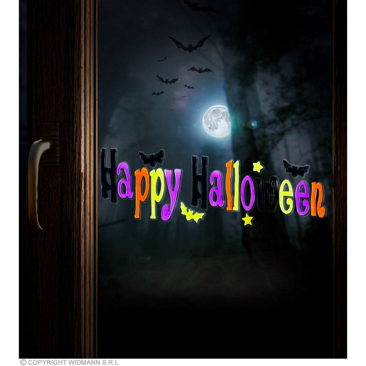 Halloween Fensteraufkleber | Bunter Happy-Halloween Schriftzug mit Fledermäusen für Fenster, Türen und Halloween-Dekoration