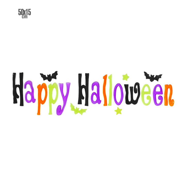 Halloween Fensteraufkleber | Bunter Happy-Halloween Schriftzug mit Fledermäusen für Fenster, Türen und Halloween-Dekoration
