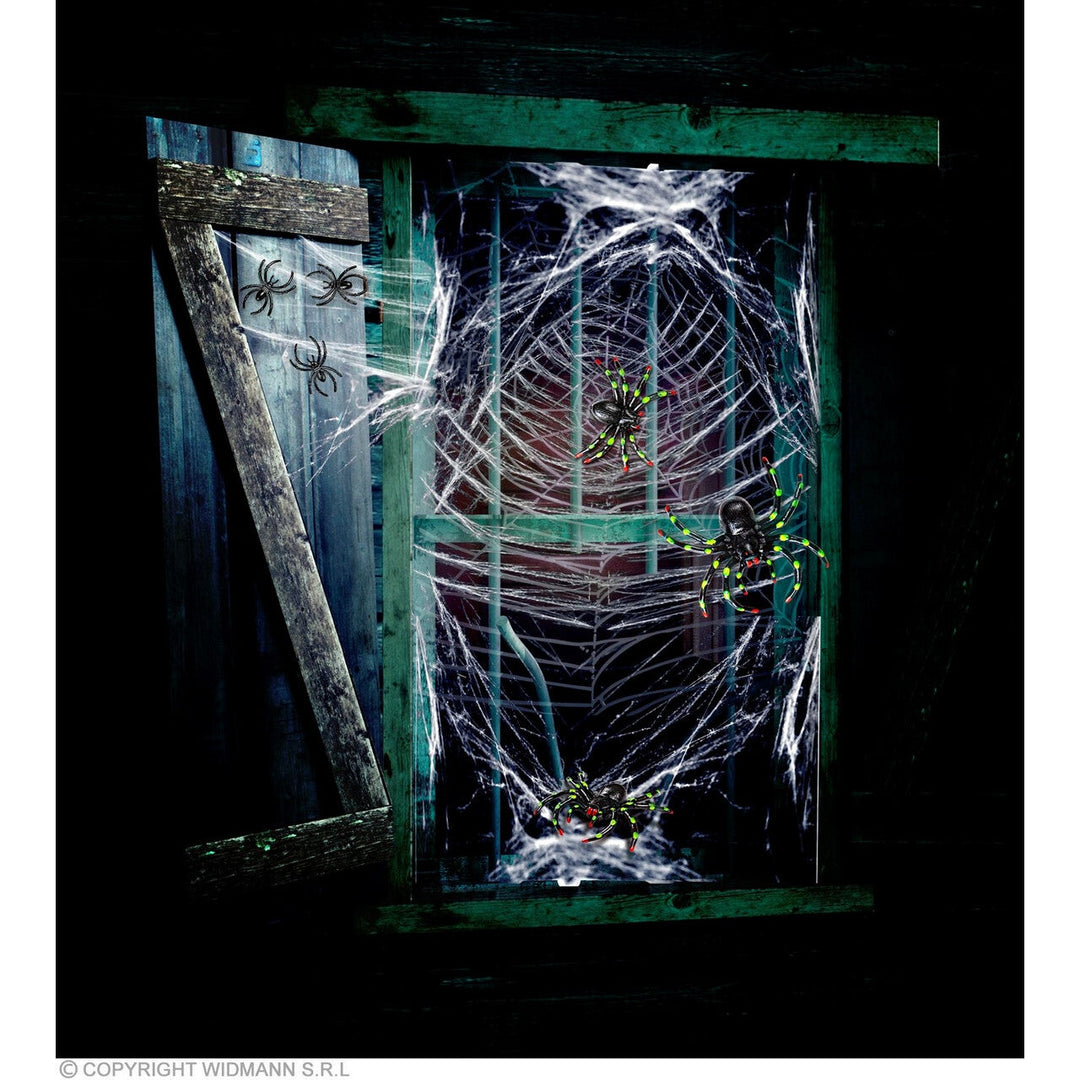 Halloween Spinnennetz mit Spinnen | Weißes Dekonetz mit großen schwarzen Spinnen für Wände, Fenster und Halloween-Partys