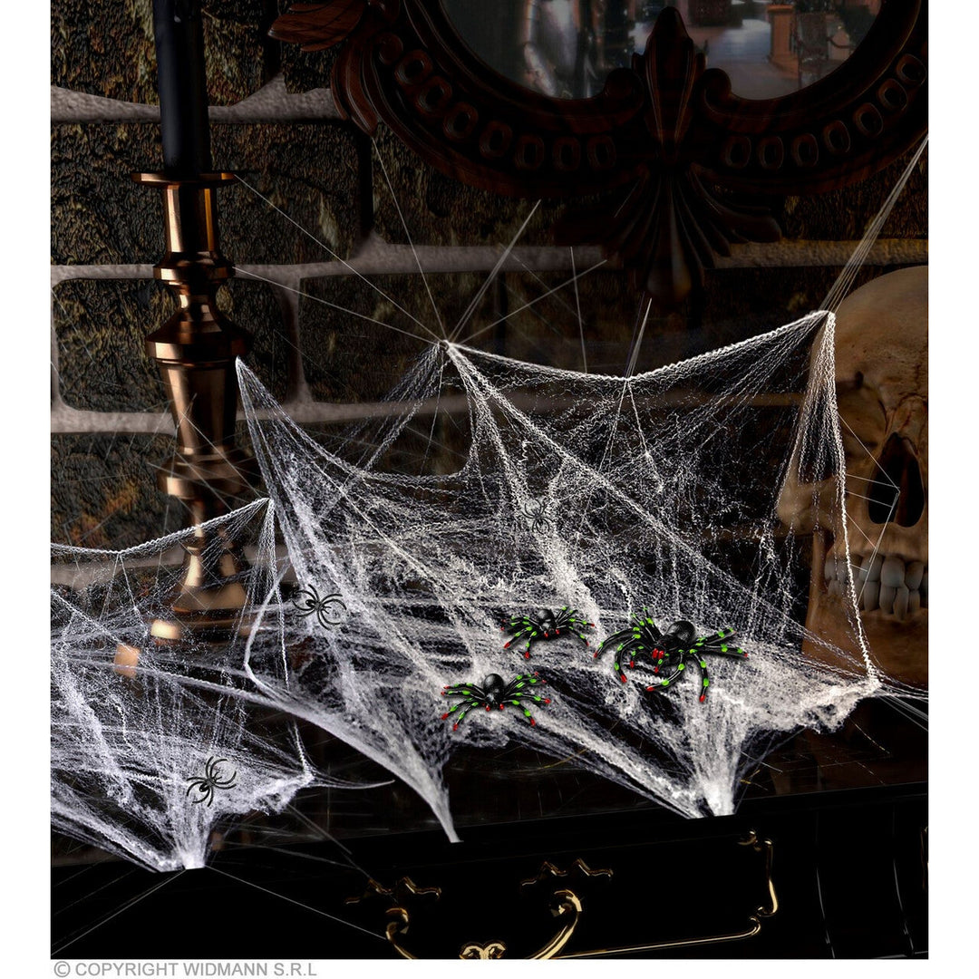 Halloween Spinnennetz mit Spinnen | Weißes Dekonetz mit großen schwarzen Spinnen für Wände, Fenster und Halloween-Partys