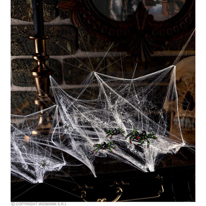Halloween Spinnennetz mit Spinnen | Weißes Dekonetz mit großen schwarzen Spinnen für Wände, Fenster und Halloween-Partys