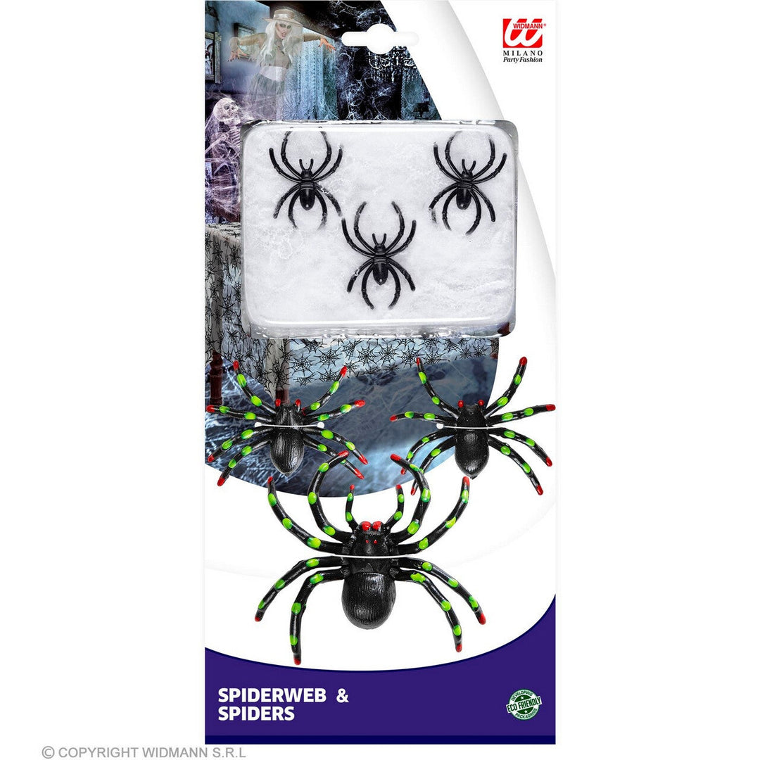 Halloween Spinnennetz mit Spinnen | Weißes Dekonetz mit großen schwarzen Spinnen für Wände, Fenster und Halloween-Partys