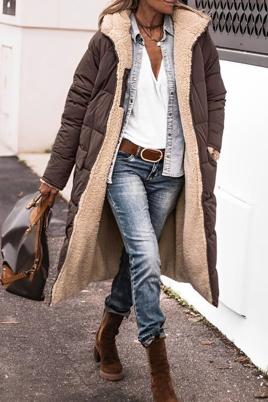 Damen Winterjacke lang mit Teddyfutter | Wendbarer Wintermantel mit Kapuze und weichem Innenfutter für kalte Tage und Alltag