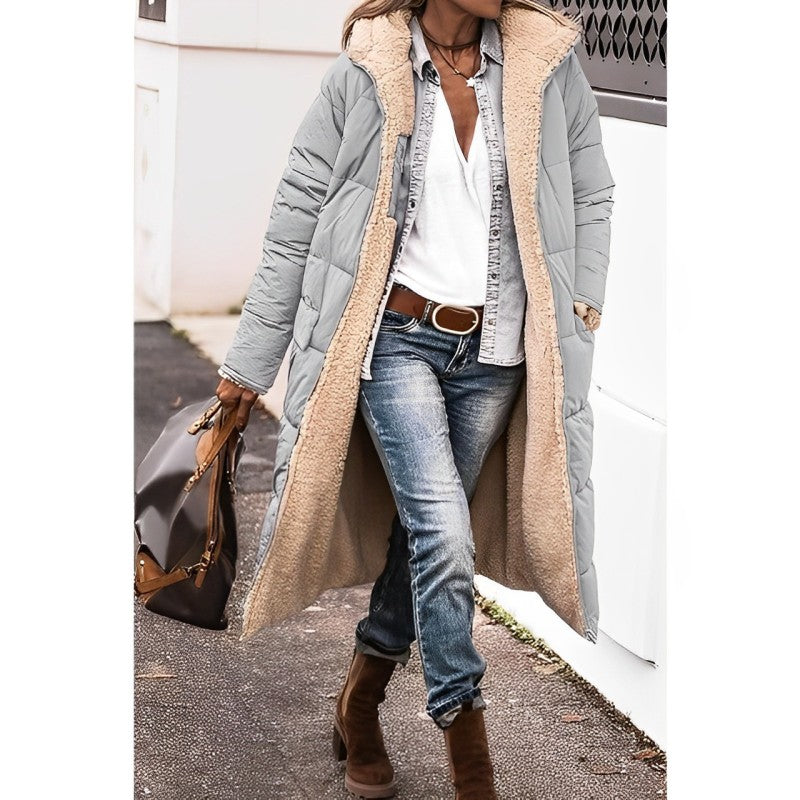 Damen Winterjacke lang mit Teddyfutter | Wendbarer Wintermantel mit Kapuze und weichem Innenfutter für kalte Tage und Alltag