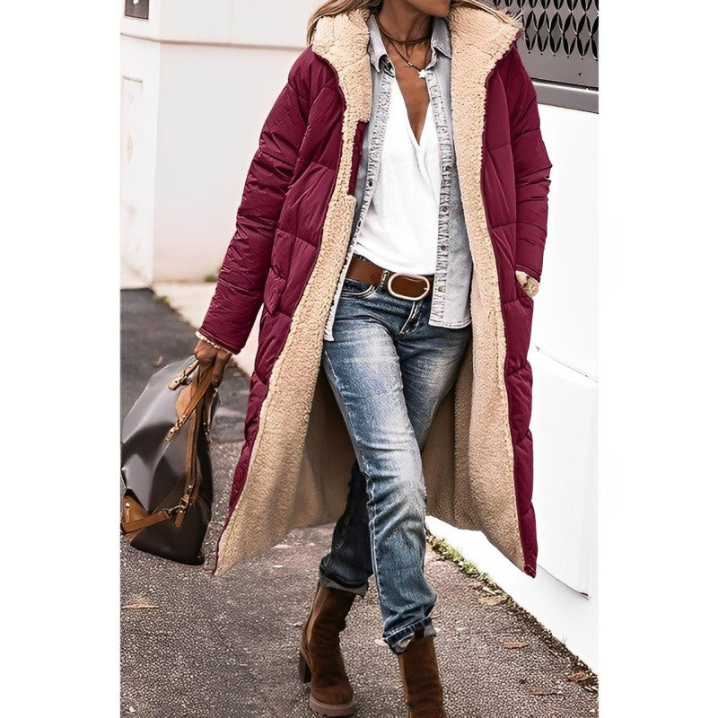 Damen Winterjacke lang mit Teddyfutter | Wendbarer Wintermantel mit Kapuze und weichem Innenfutter für kalte Tage und Alltag