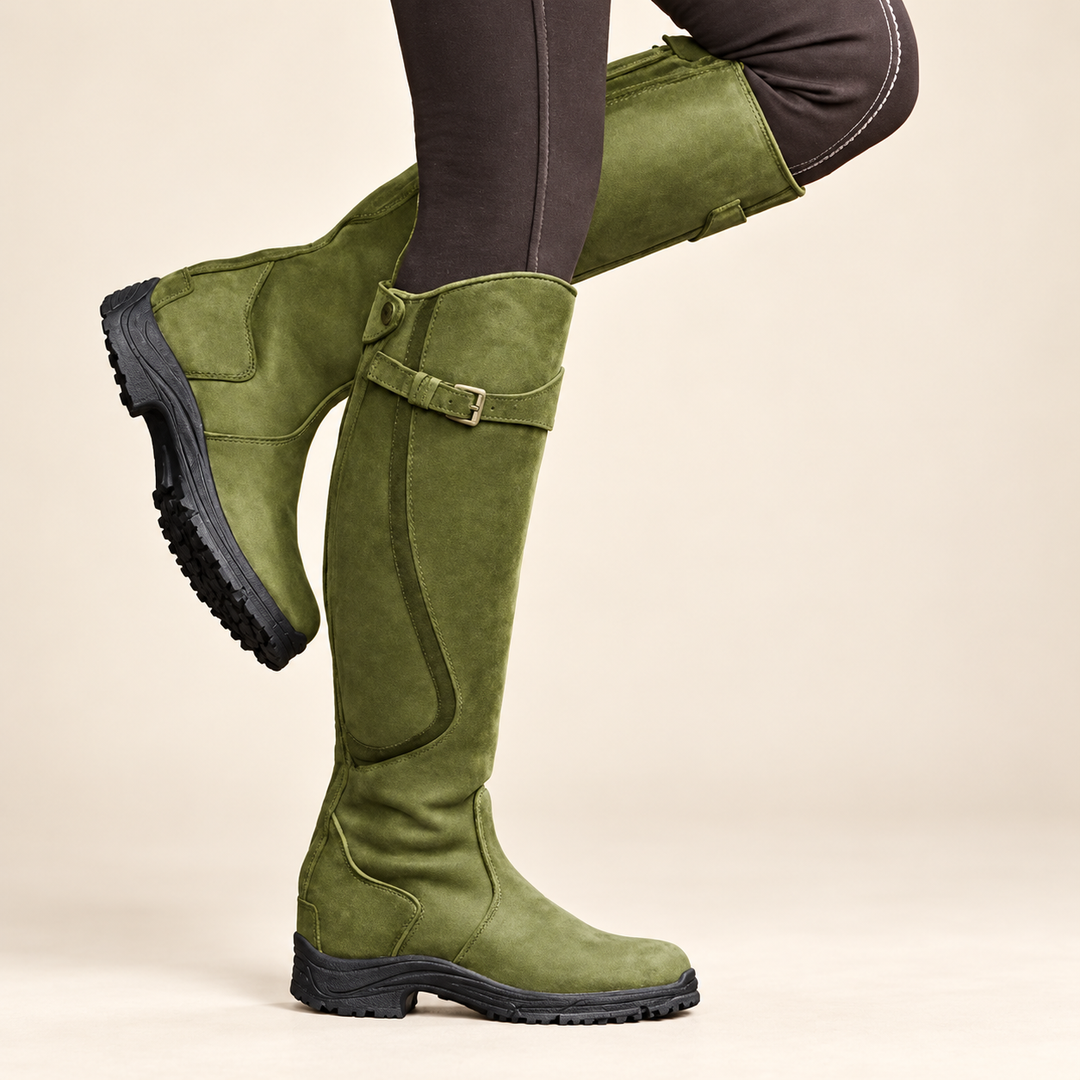 Damen Winterstiefel | Kniehohe Stiefel im Reitstil mit dekorativer Schnalle und seitlichem Reißverschluss für Alltag und Freizeit