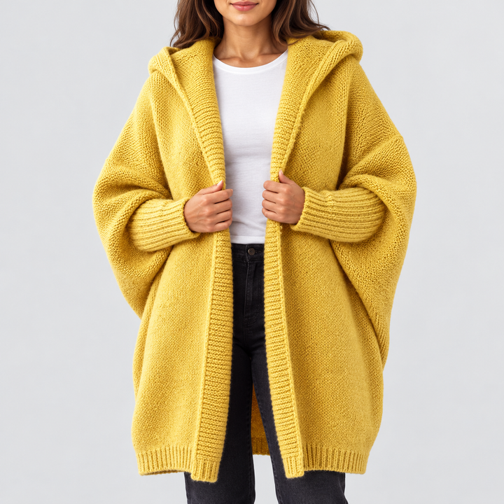 Damen Oversize Strickjacke lang mit Kapuze | Knielanger Cardigan mit weitem Schnitt und Rippdetails für Herbst und Winter