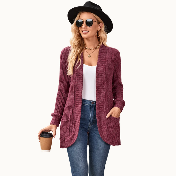 Damen Cardigan | Lange Strickjacke mit offener Front, Rippenstruktur, aufgesetzten Taschen und lockerem Schnitt für Alltag und Büro